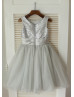 Silver Sequin Gray Tulle Flower Girl Dress With Flower Sash
